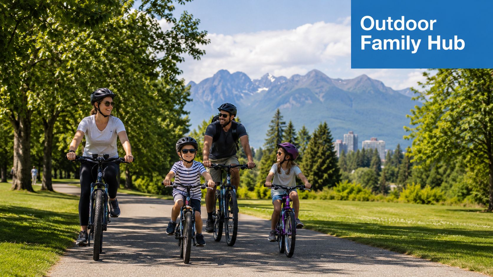 A happy family cycling together on a paved park trail with mountains in the background.