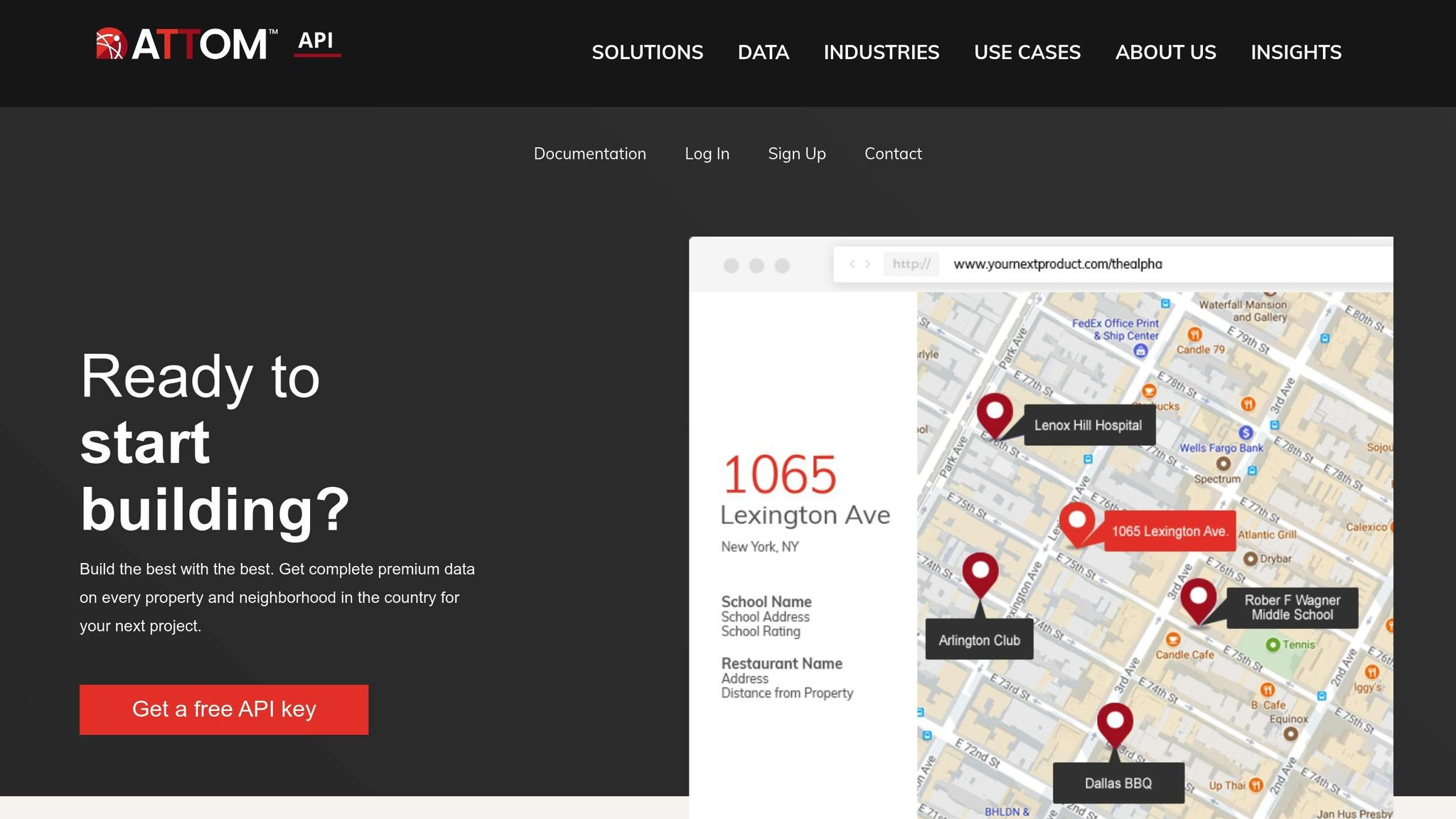 Ready to start building? ATTOM Data API showcasing a map interface for property data access, featuring 1065 Lexington Ave, New York, with nearby points of interest, emphasizing bulk real estate data for developers; relevant to BatchData's services.