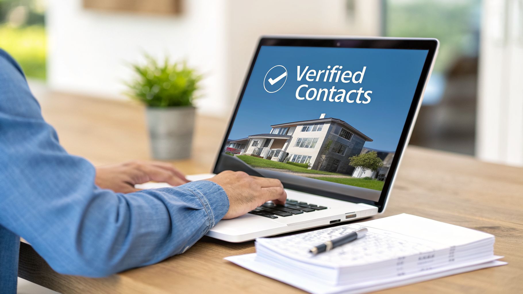 A person types on a laptop displaying 'Verified Contacts' with a house, implying real estate or lead generation.