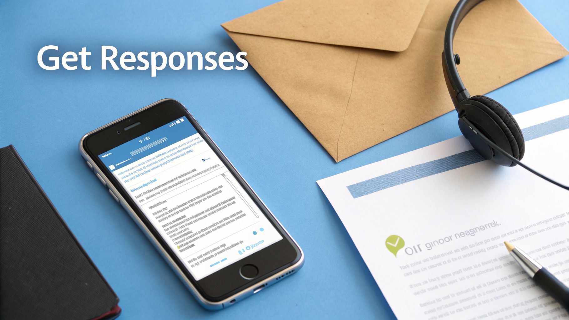 A smartphone displaying an email, headphones, a pen, and an envelope on a blue desk, representing communication.