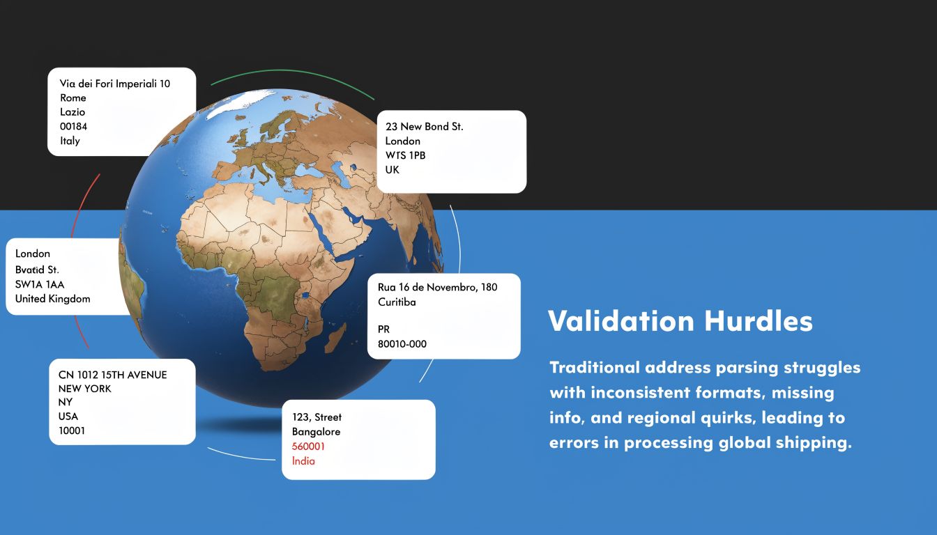 A 3D graphic showing global addresses on a globe, illustrating the difficulty of standardizing international shipping data.