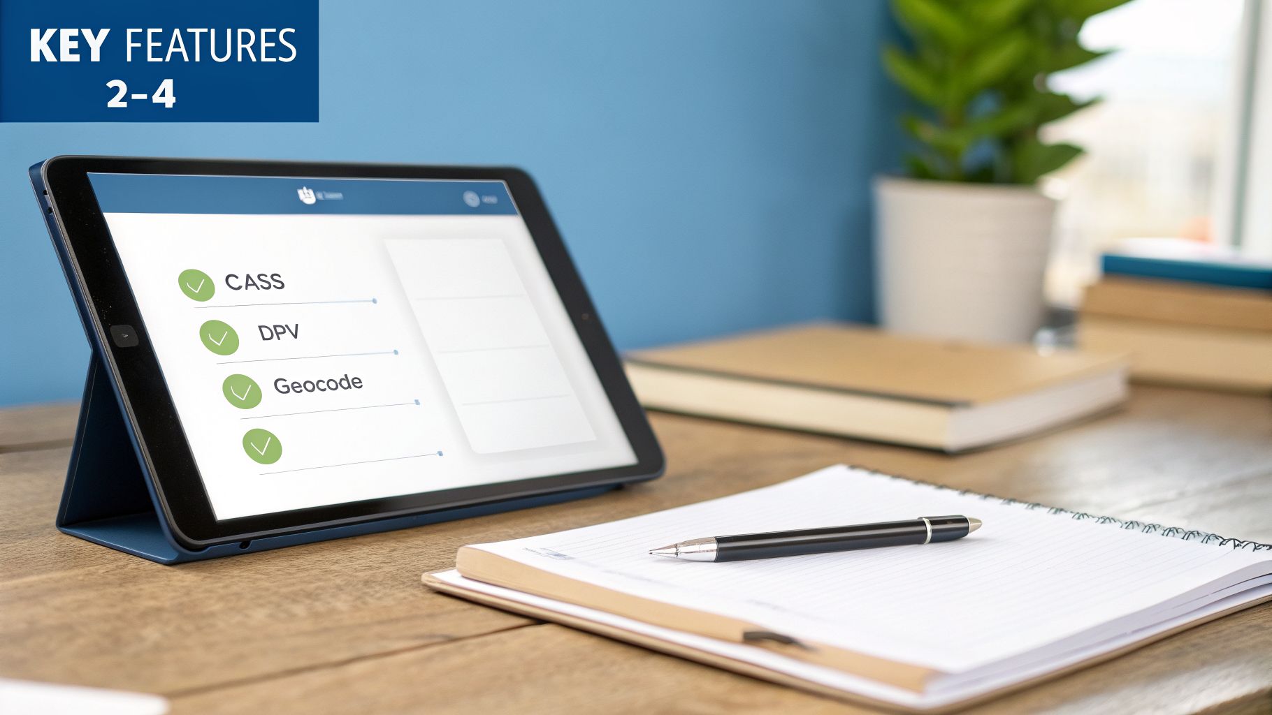 A tablet on a wooden desk displays key address verification features including CASS, DPV, and Geocode.