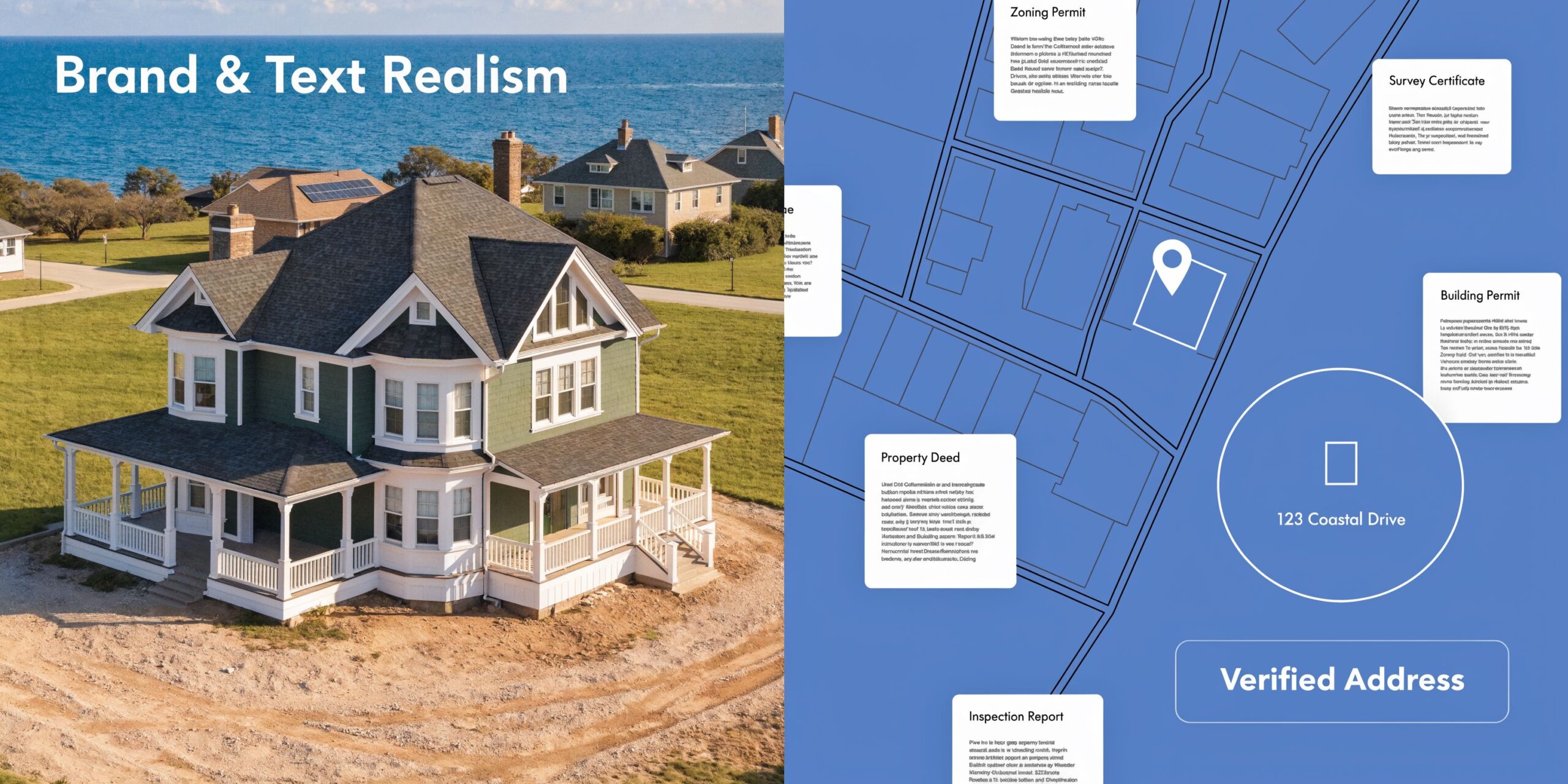 A split-view image showing a green Victorian house on the left and map documentation for 123 Coastal Drive.