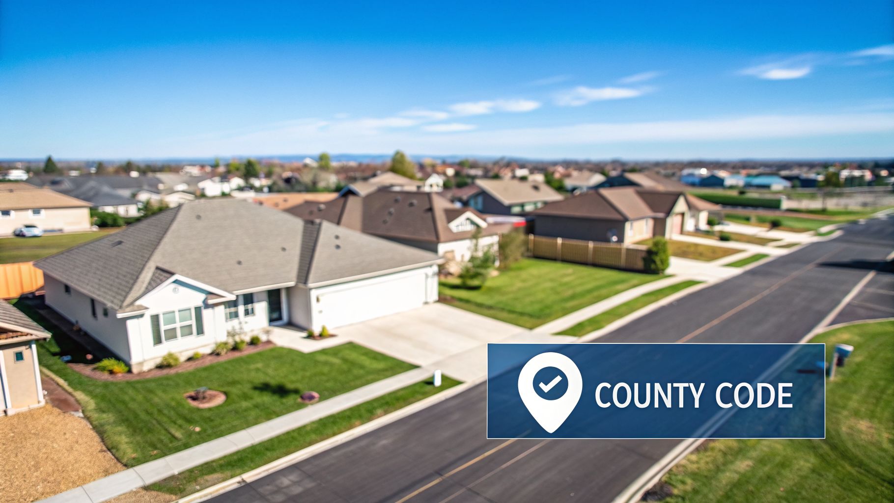 Aerial view of a bright suburban neighborhood with houses, green lawns, and a 'COUNTY CODE' graphic.