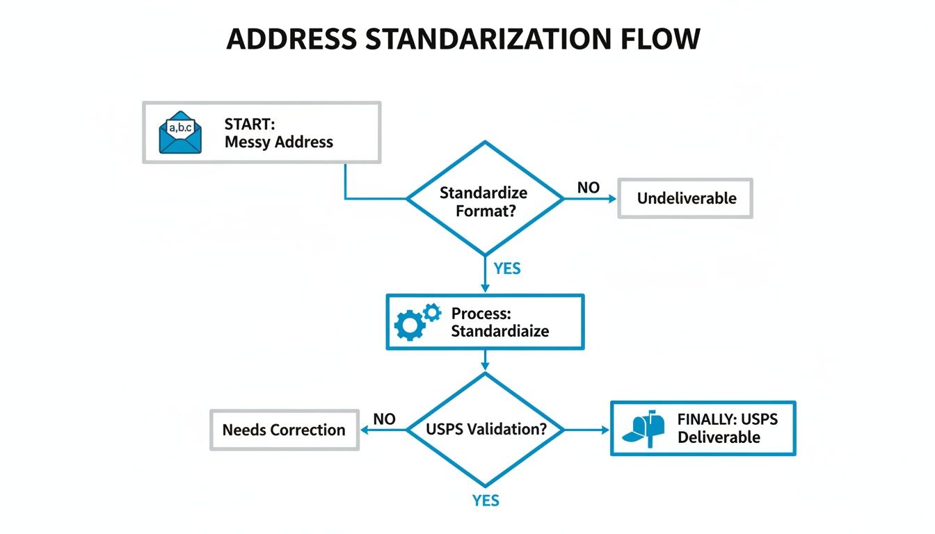 Flowchart showing the steps to standardize and validate mailing addresses for USPS deliverability.