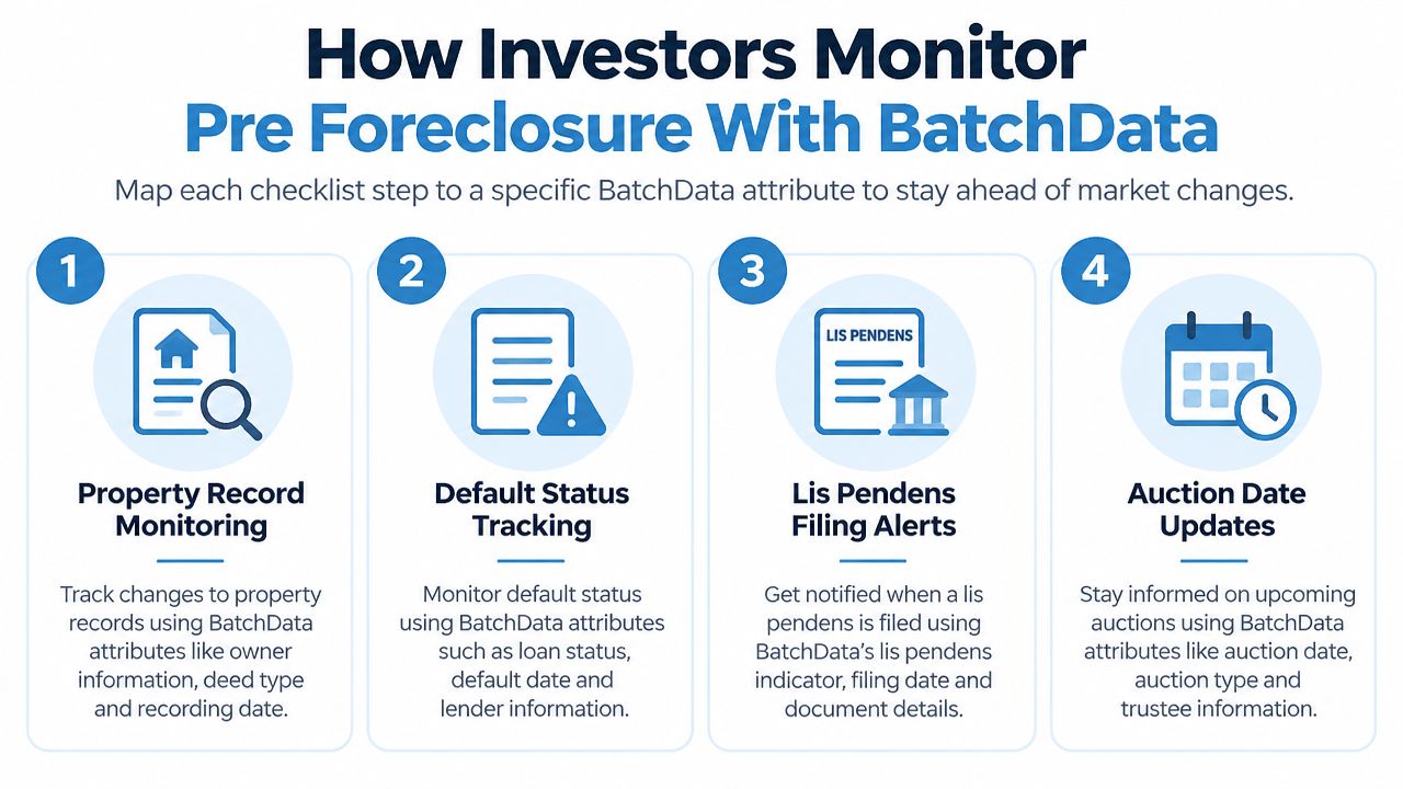 A four-step infographic illustrating how investors use BatchData to monitor pre-foreclosure property records and market changes.
