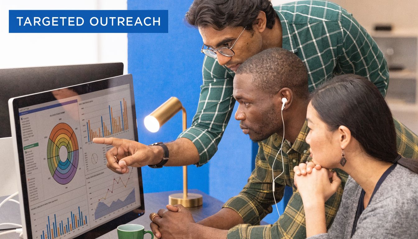 A diverse team of three colleagues collaborating while reviewing data analytics on a computer monitor in office.