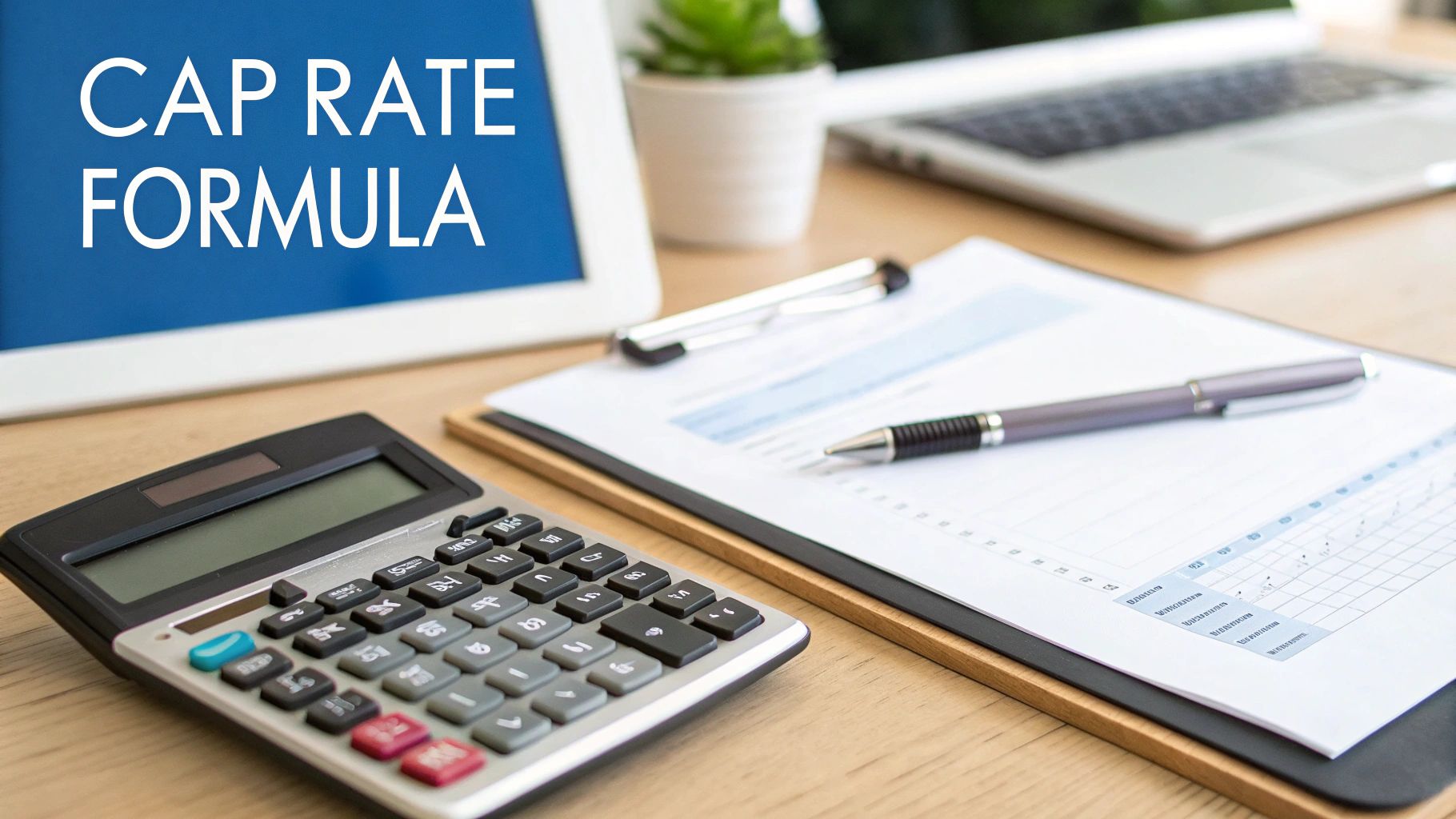 A desk with a tablet displaying 'CAP RATE FORMULA', a calculator, pen, and financial documents.