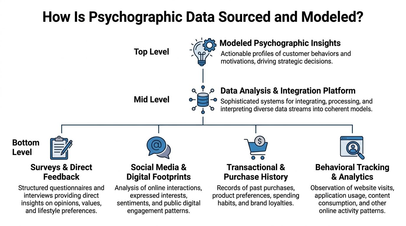 A diagram illustrating how psychographic data is sourced from various levels and modeled into actionable insights.