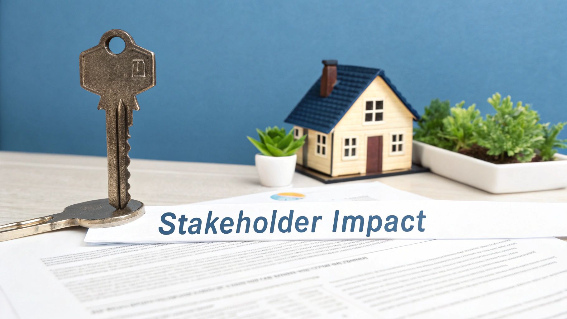 A key stands upright next to a miniature house and plants with 'Stakeholder Impact' documents.