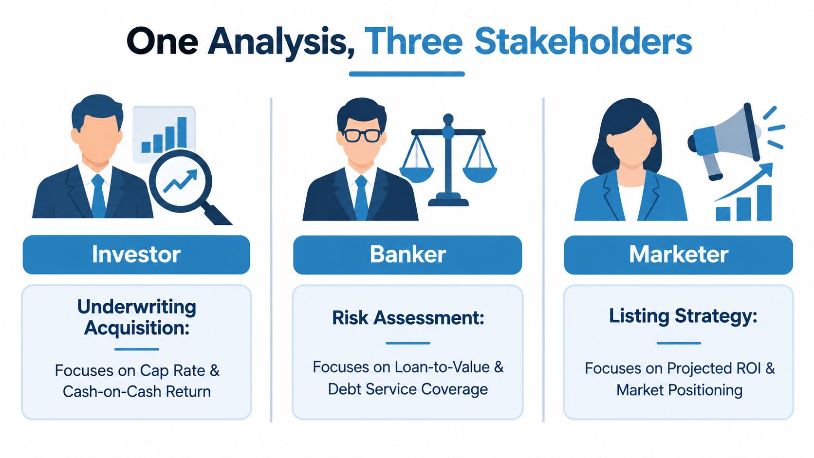 An infographic showing how an investor, banker, and marketer interpret one financial analysis differently.