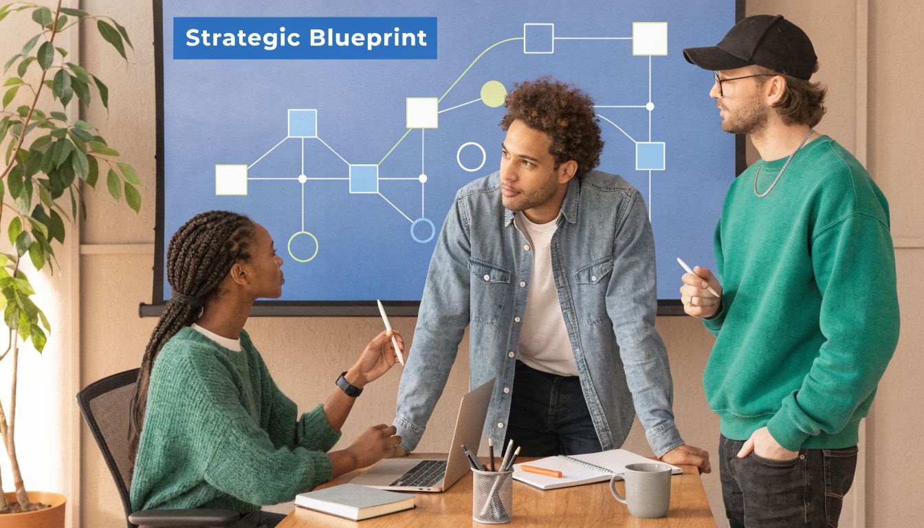 A diverse team of three professionals collaborating in an office during a strategy and planning meeting.