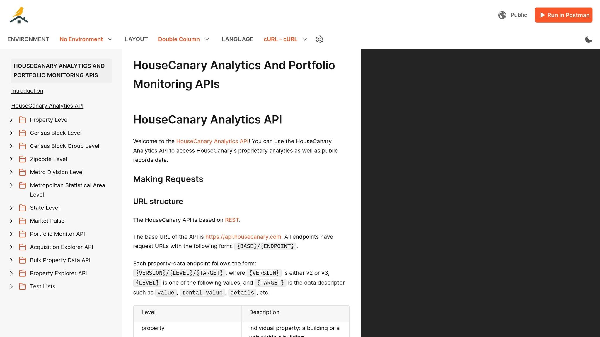 HouseCanary Analytics API interface displaying property data endpoints and request structure for real estate analytics, relevant to BatchData's offerings in property data and API solutions.