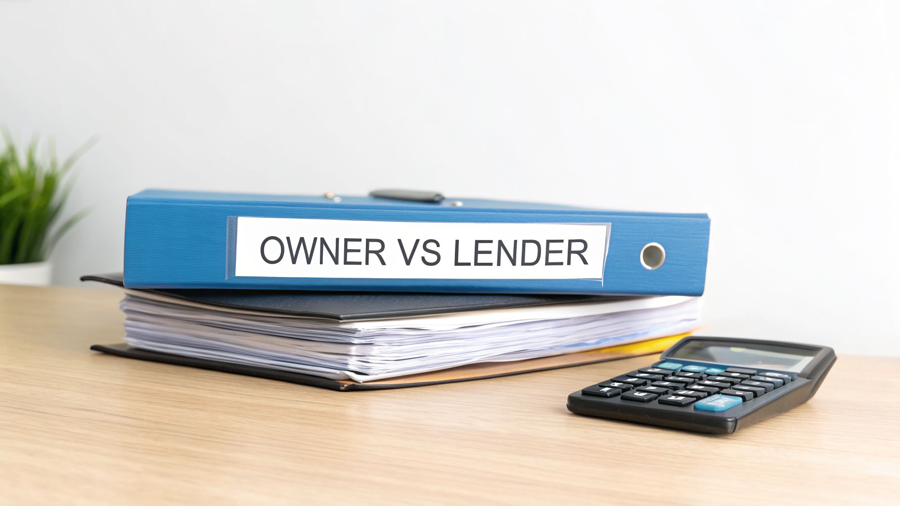 A blue binder labeled 'OWNER VS LENDER' sits on documents next to a calculator on a desk.