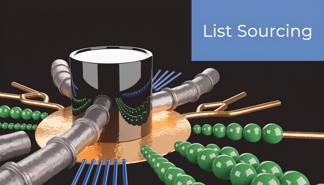 A 3D abstract illustration featuring metallic pipes and green spheres representing data flows for list sourcing.