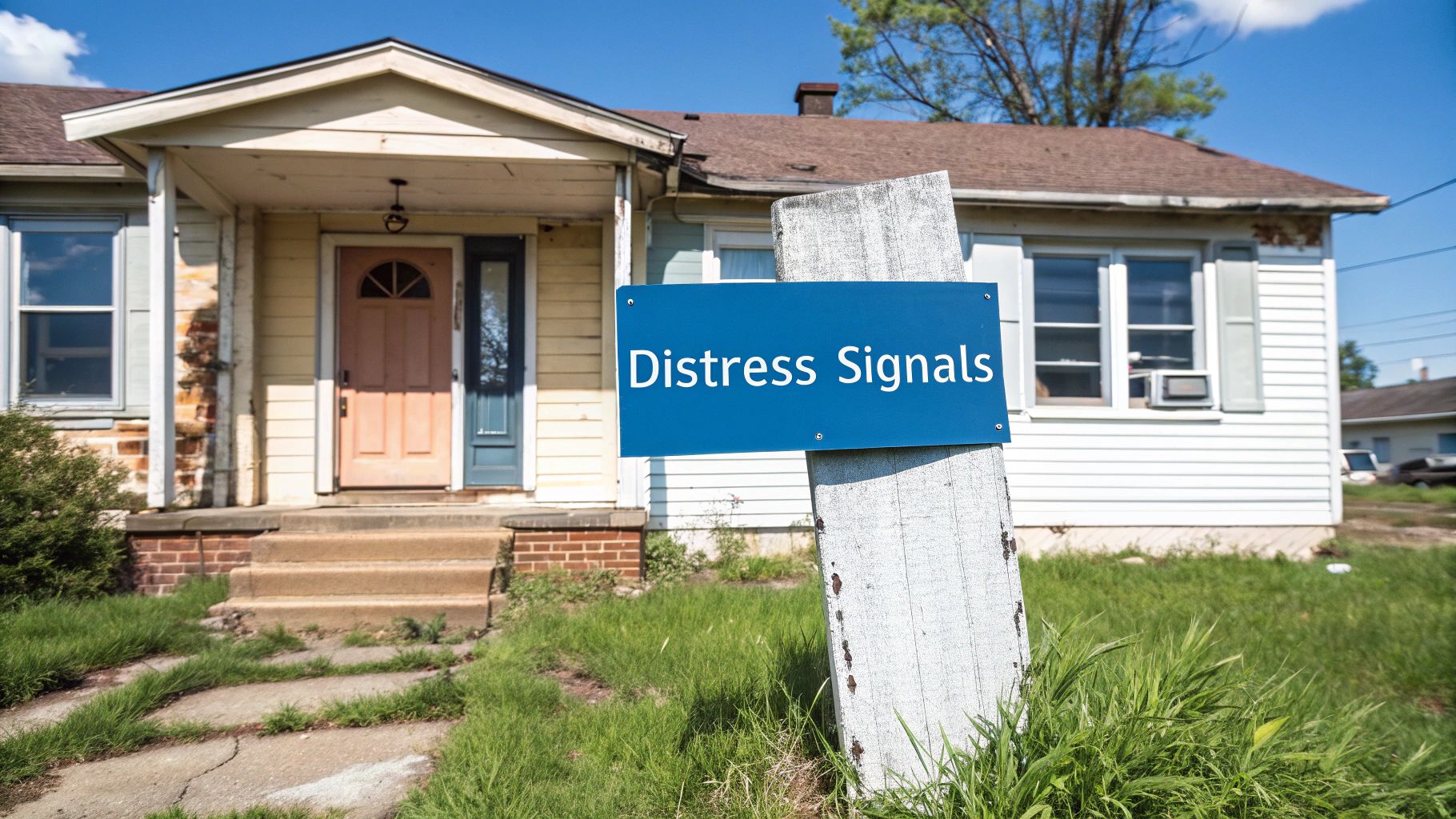 A neglected house with overgrown grass and a blue sign on a wooden post saying 'Distress Signals'.