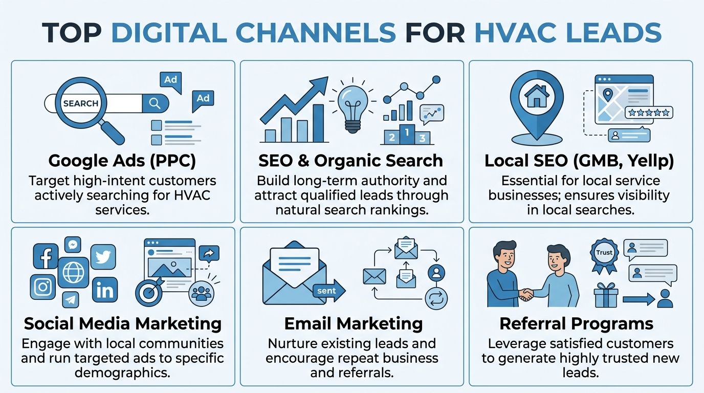 An infographic showing top digital marketing channels for generating HVAC leads for service businesses.