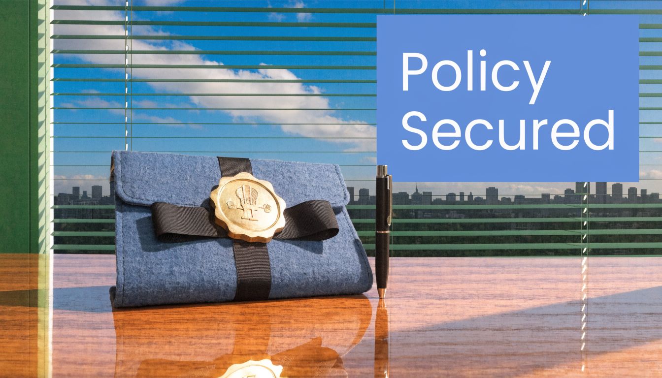 A blue fabric folder with a gold wax seal and a pen sitting on a wooden desk.
