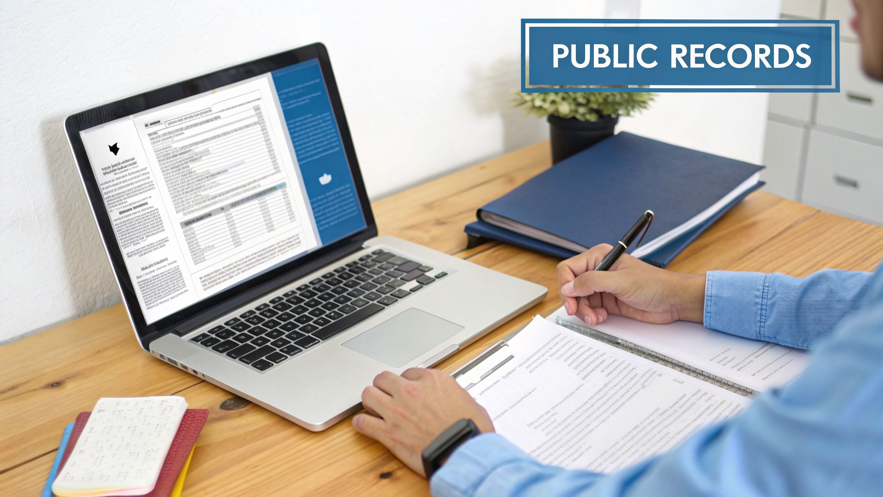 A person searches public records on a laptop and writes notes, with folders and a plant on the desk.