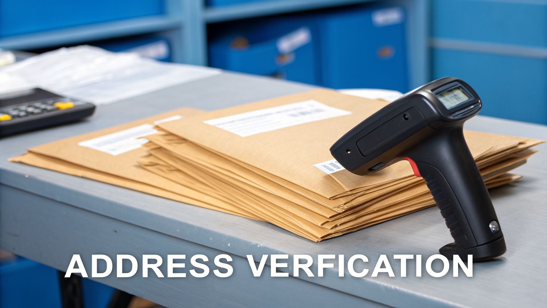 A barcode scanner rests on a stack of brown envelopes, indicating address verification processes.