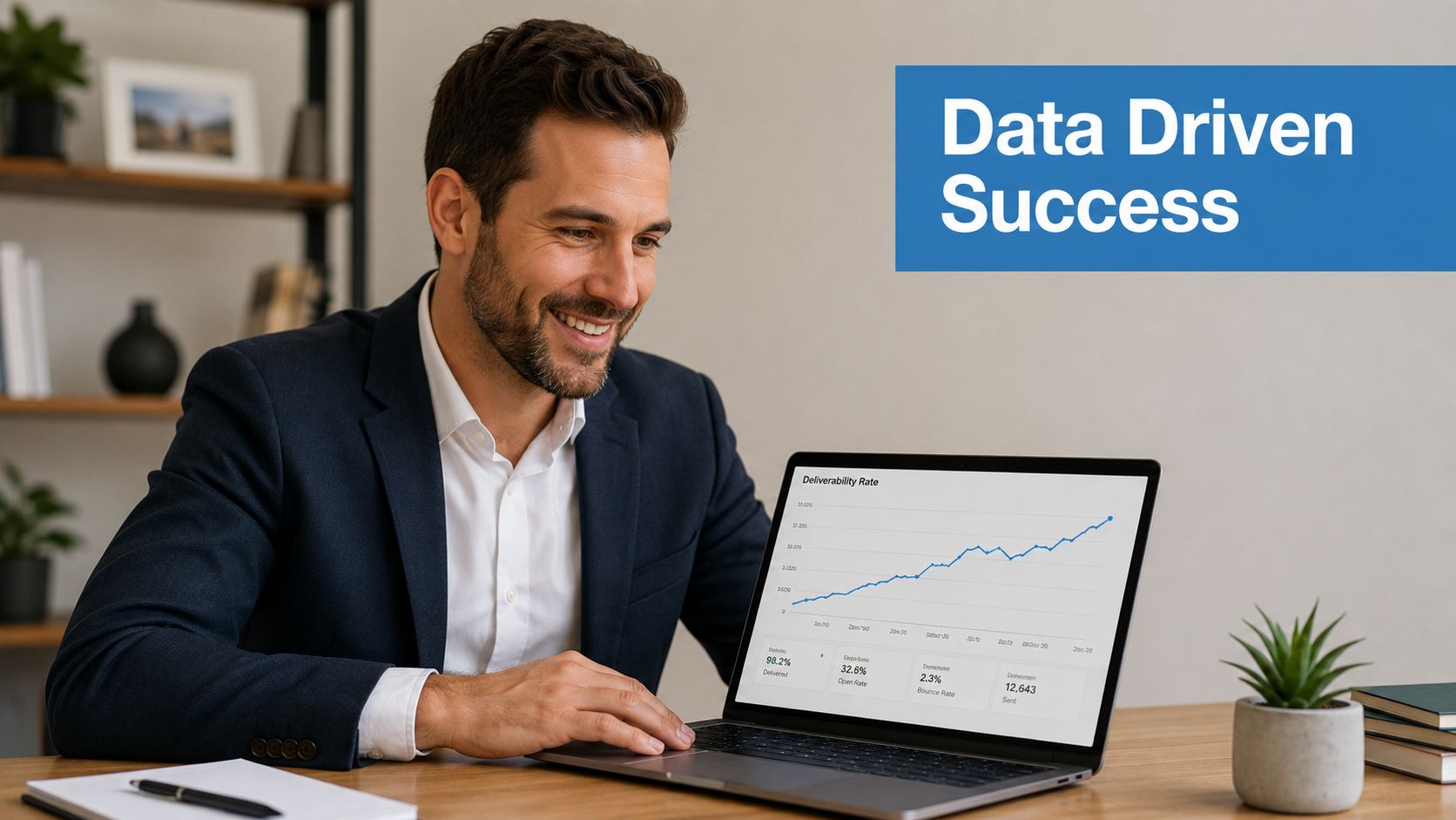 A professional man in a suit reviewing positive email deliverability data statistics on his laptop screen.