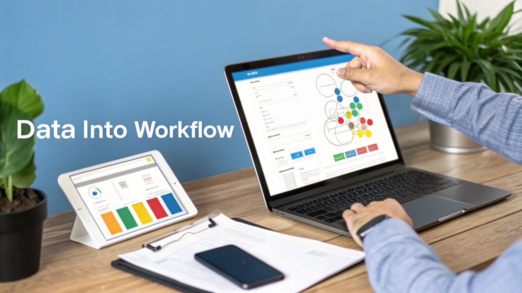 Person pointing at a laptop screen with a workflow diagram, next to a tablet showing data.