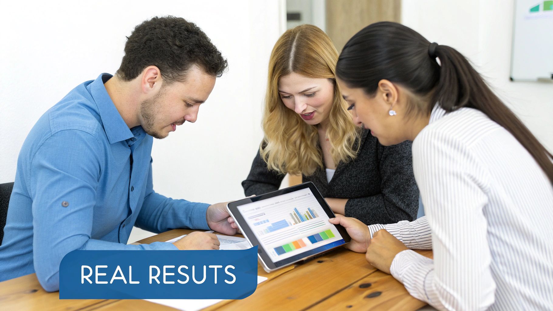 Three business professionals collaboratively analyze charts and graphs on a tablet during a data-driven meeting.