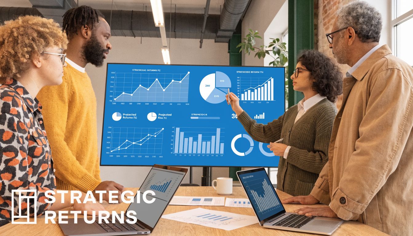 A diverse business team collaborating on financial analytics and strategic reports in a modern office.