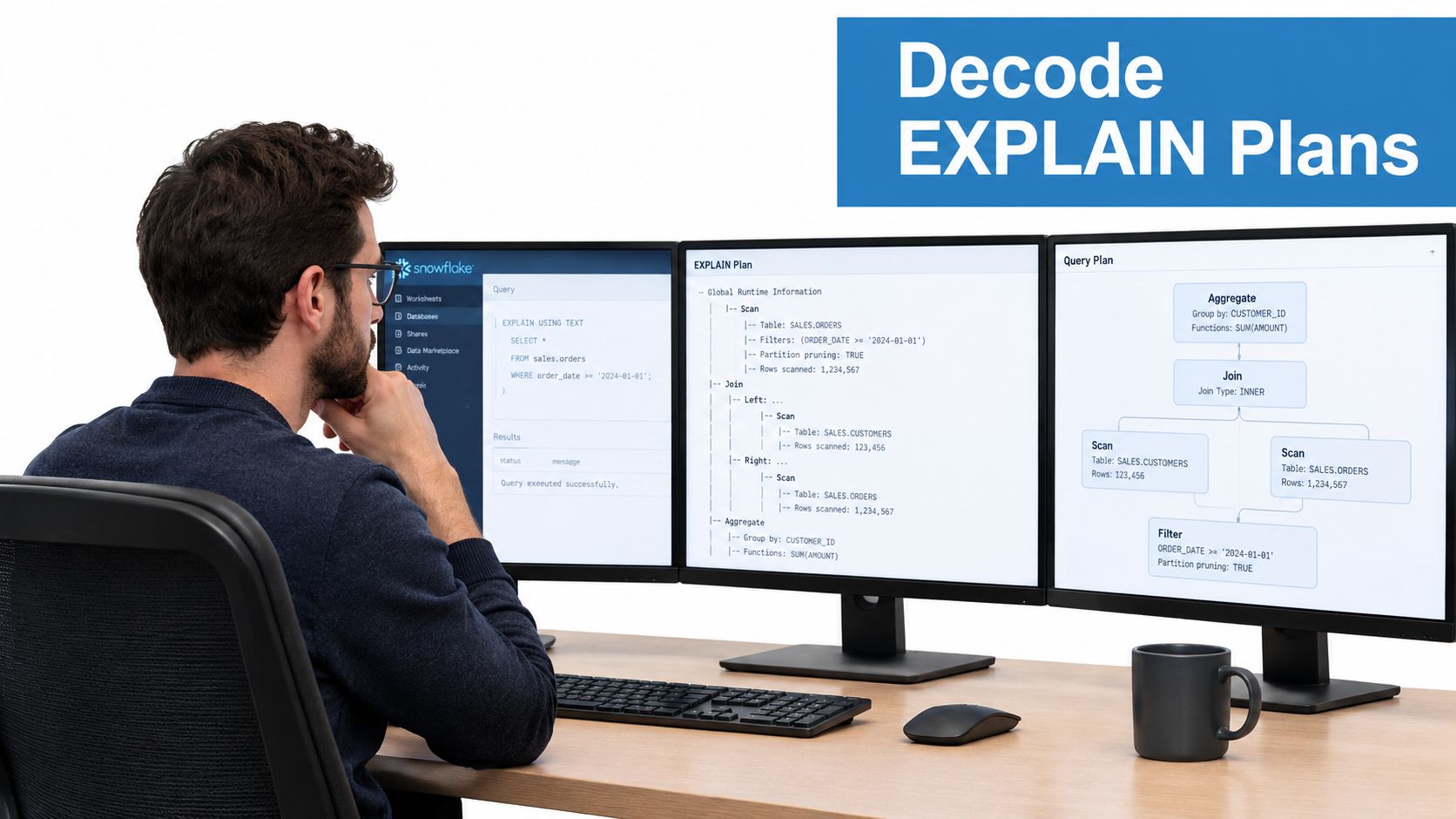 A professional developer analyzing query execution plans and SQL database performance on three computer monitors at desk.