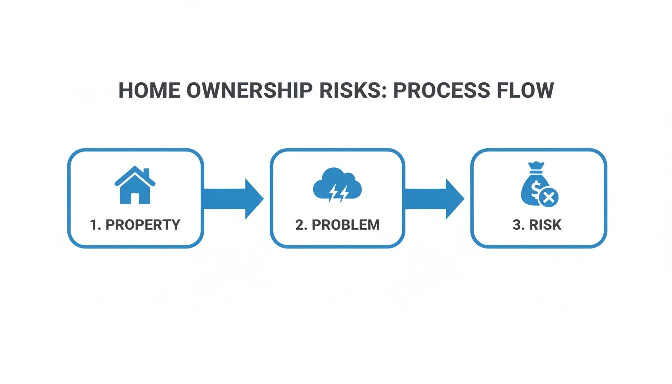 A three-step process flow illustrating home ownership risks: property to problem to financial risk.