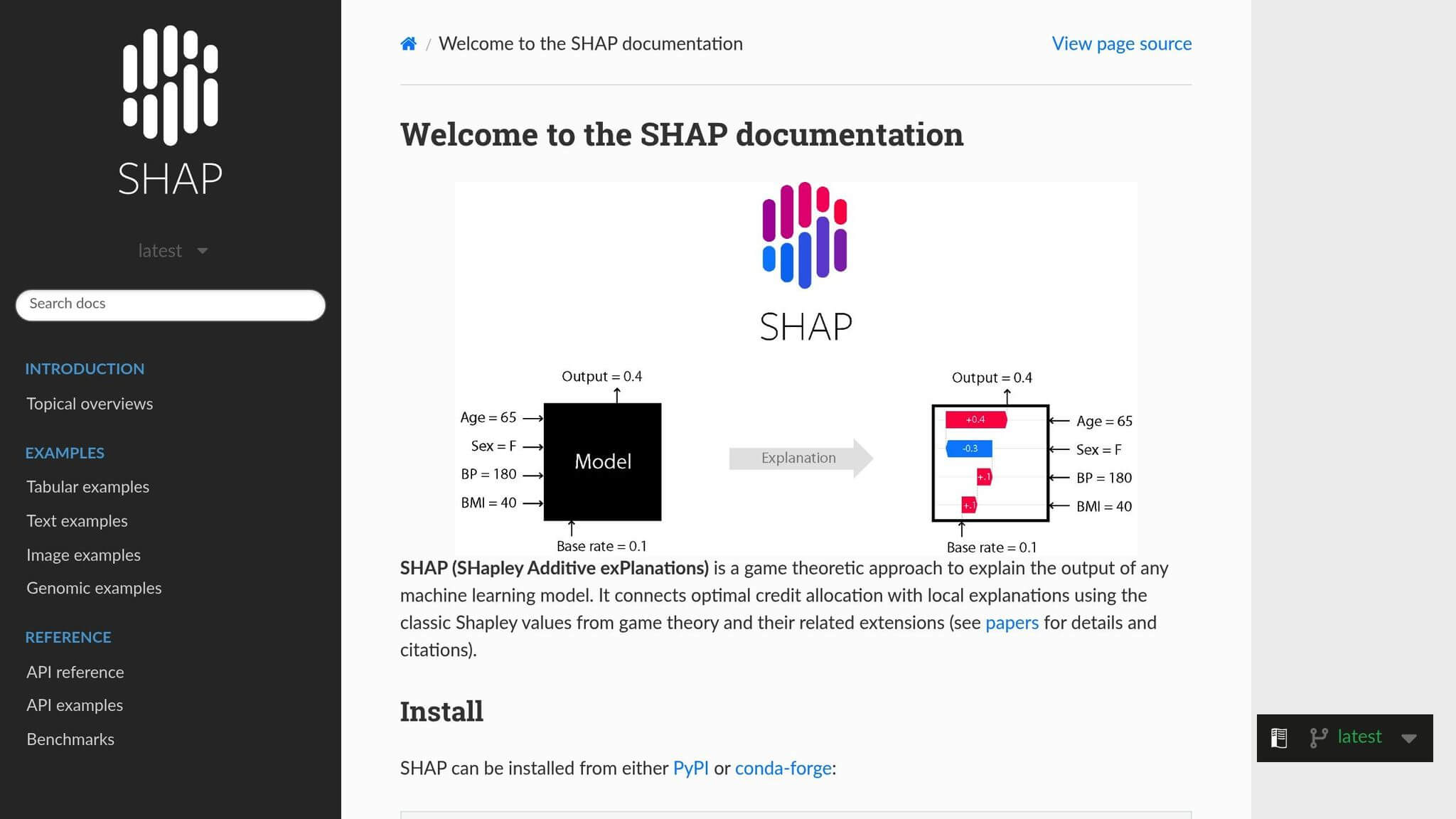 SHAP documentation home page with a model explanation diagram