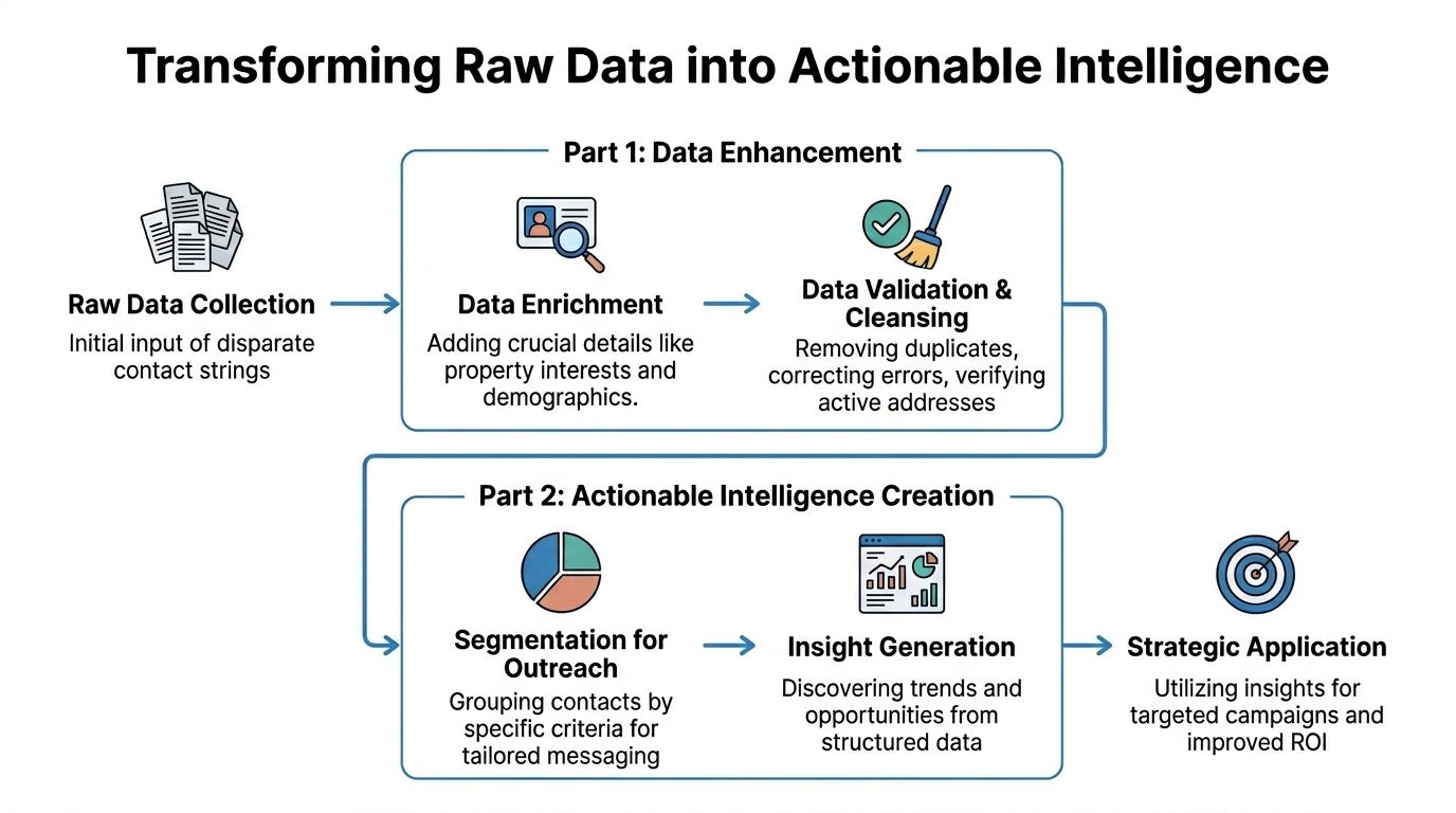 A diagram illustrating the step-by-step process of transforming raw data into actionable intelligence for real estate marketing.