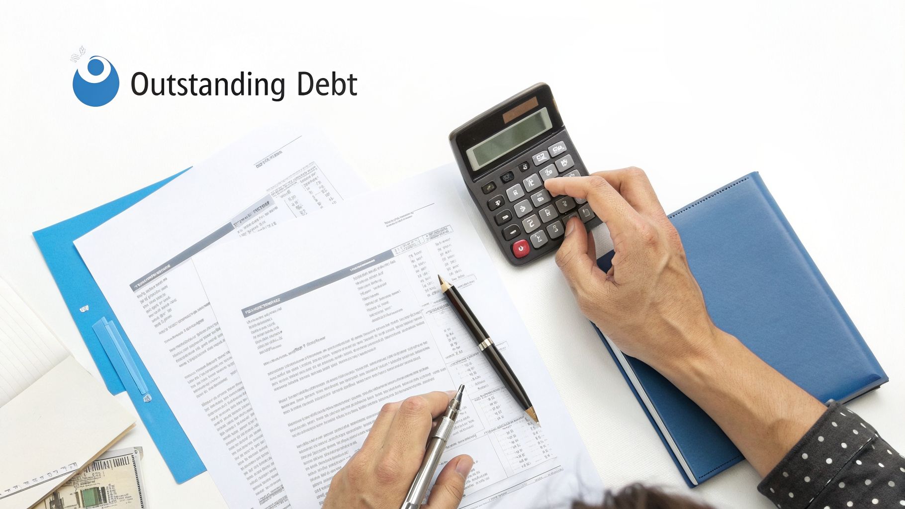 Hands calculating outstanding debt on a desk with documents, a calculator, a pen, and a notebook.