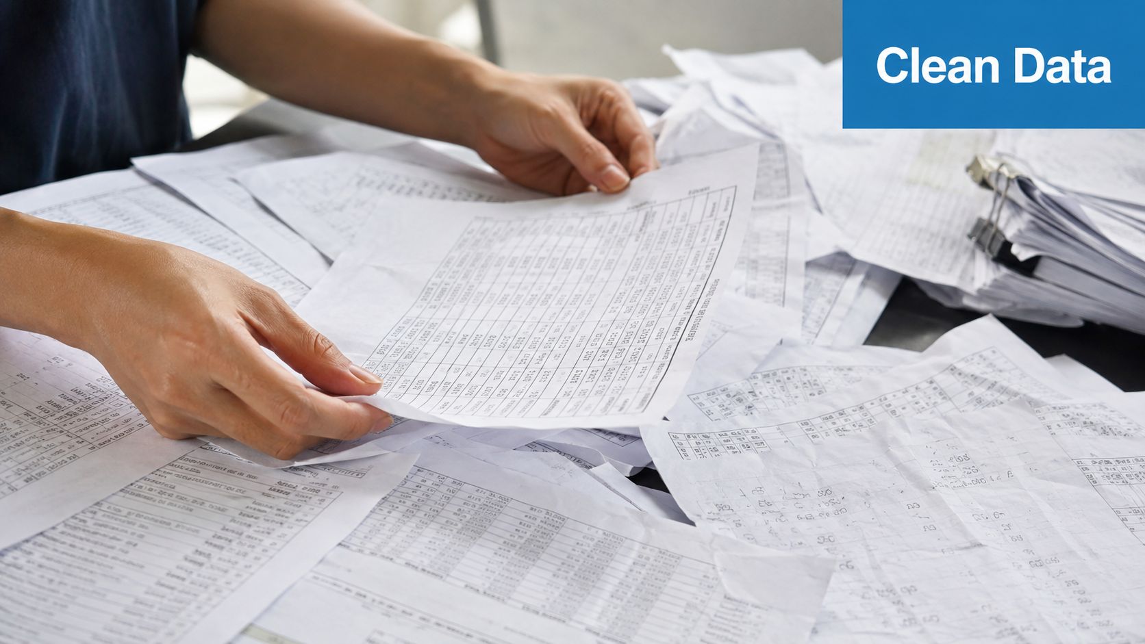 A person reviewing and sorting through numerous paper documents and printed financial data sheets on a table.
