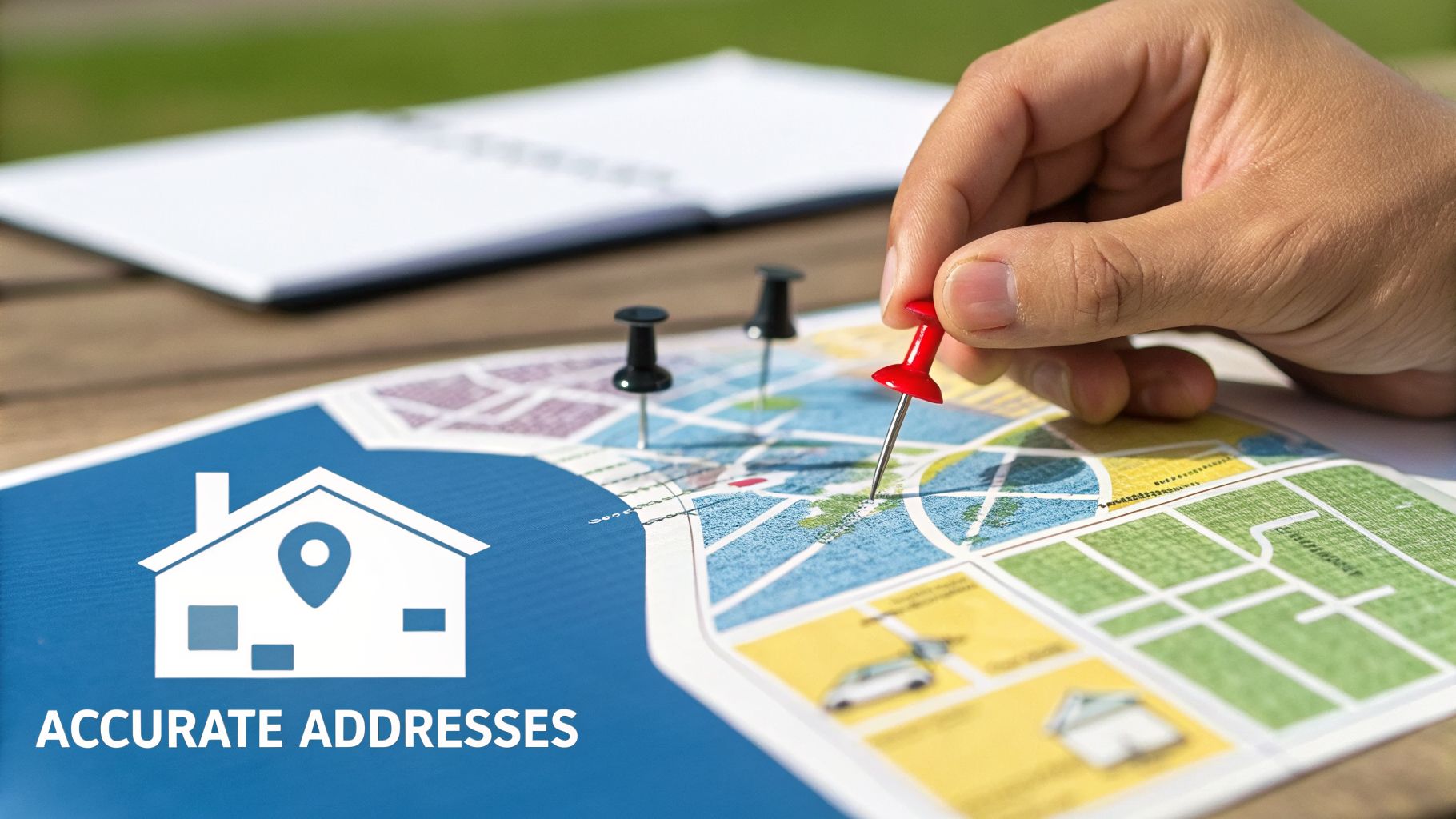 A hand places a red pushpin on a map showing locations, next to an icon for 'ACCURATE ADDRESSES'.