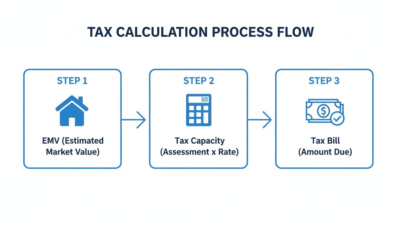 A diagram illustrating the three-step tax calculation process flow from estimated market value to the final tax bill.