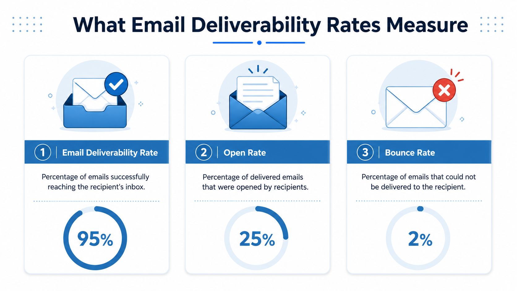 An infographic illustrating three key email metrics: deliverability rate, open rate, and bounce rate with percentages.