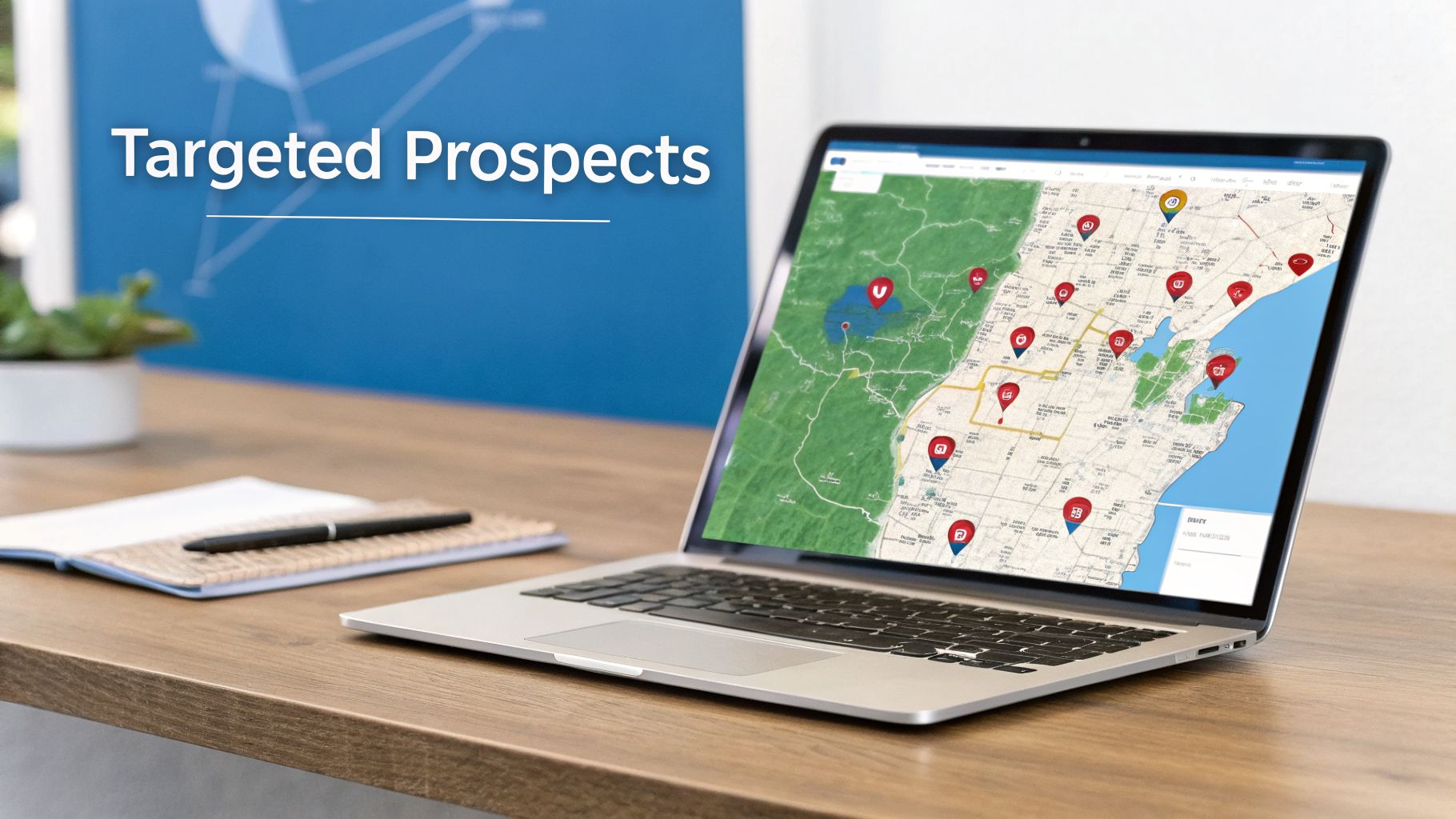 A laptop displaying a map with multiple location pins, symbolizing targeted prospects on a desk.