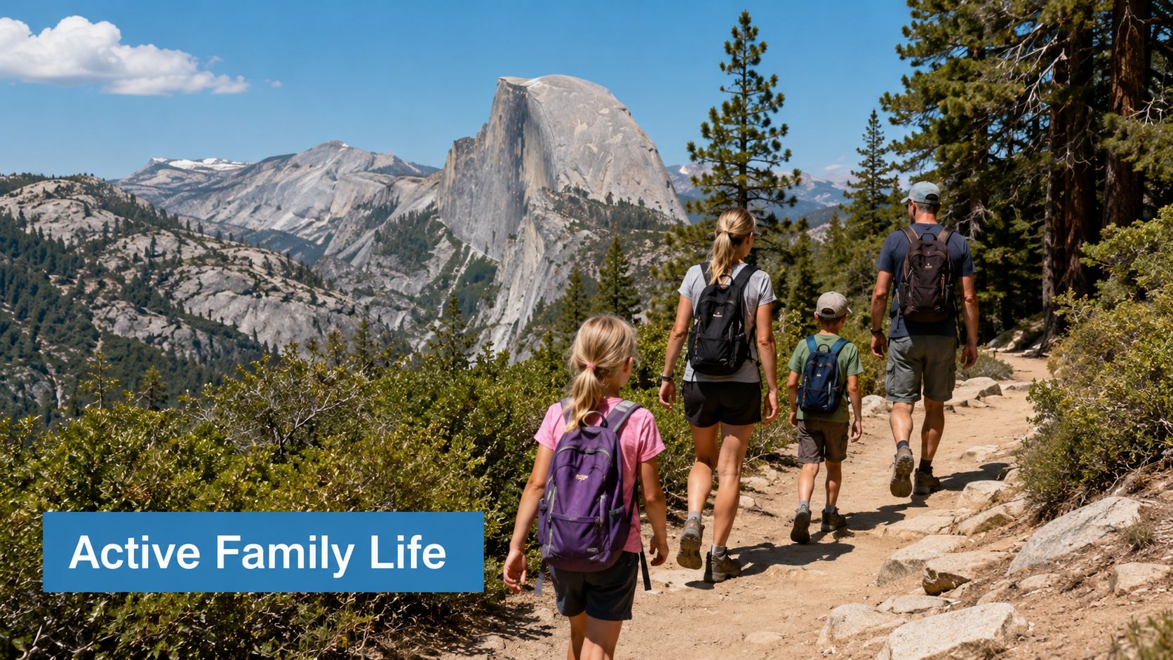 A family of four hiking together on a trail in Yosemite National Park with Half Dome background.