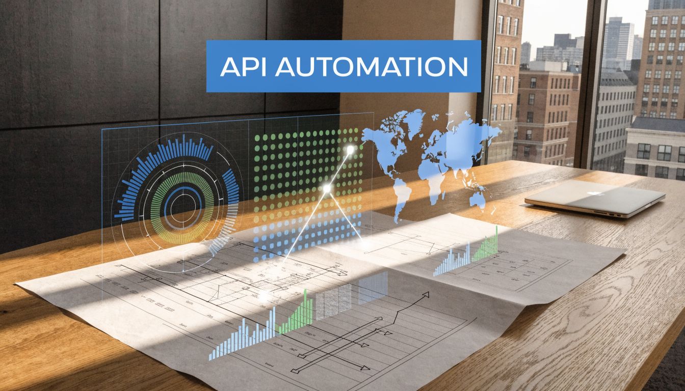 A digital overlay of data visualizations and a world map floating above blueprints on an office desk.