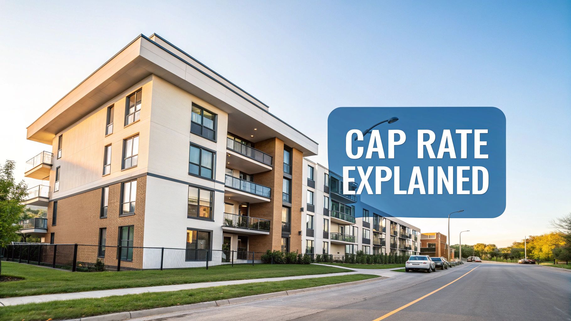 Modern apartment building with balconies and a street under a clear sky, featuring 'CAP RATE EXPLAINED' text.