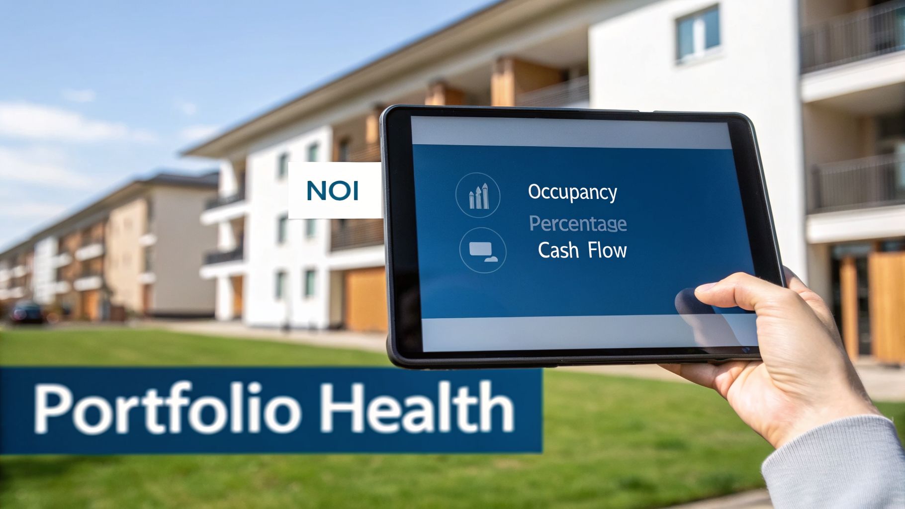 A hand holds a tablet displaying real estate portfolio health metrics like NOI and occupancy.