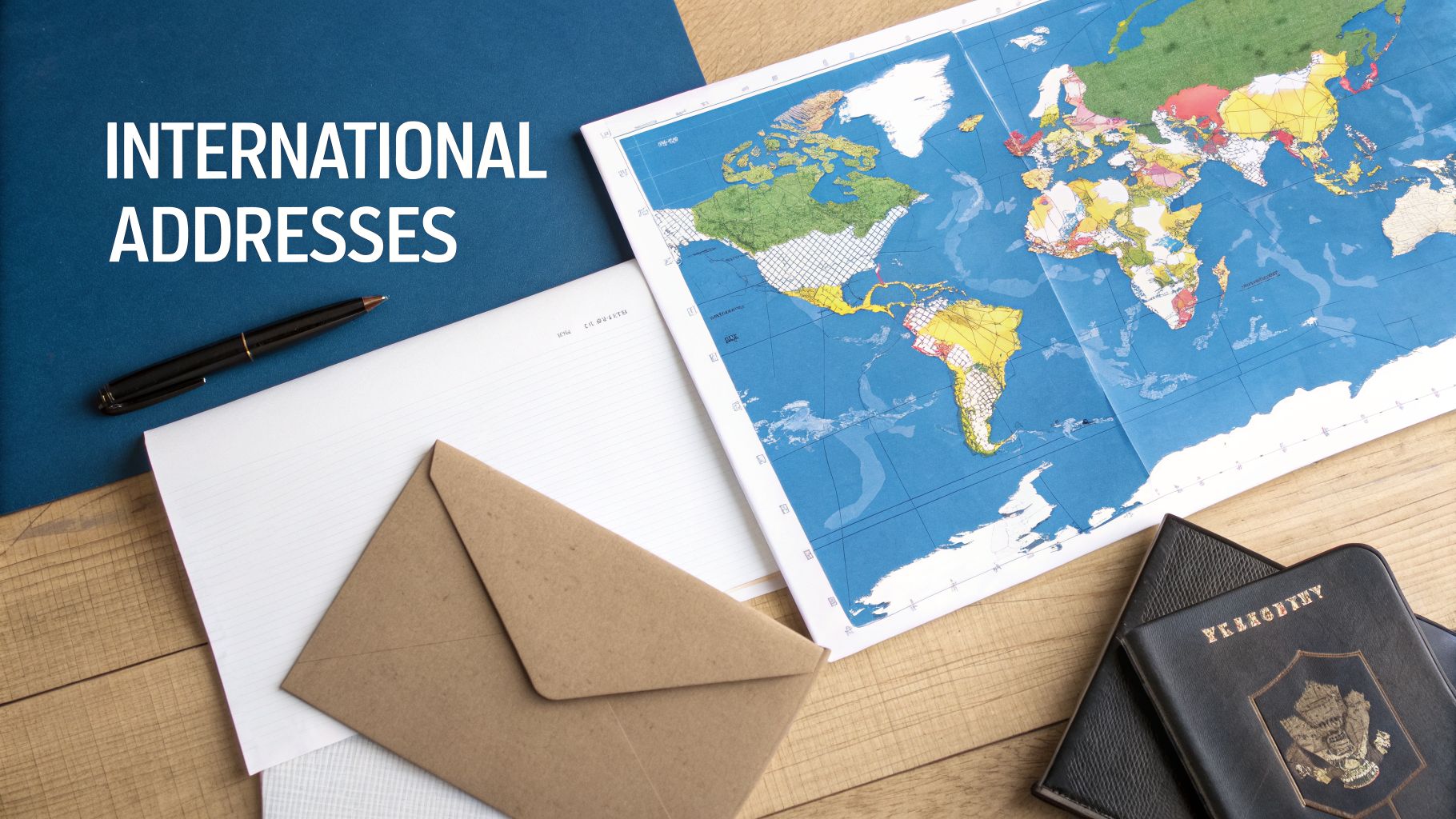 Overhead view of a world map, mail, pen, and passports with text 'INTERNATIONAL ADDRESSES'.