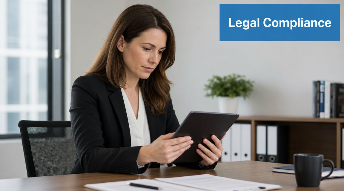 A professional woman in a business suit reviewing documents on a digital tablet at her office desk.
