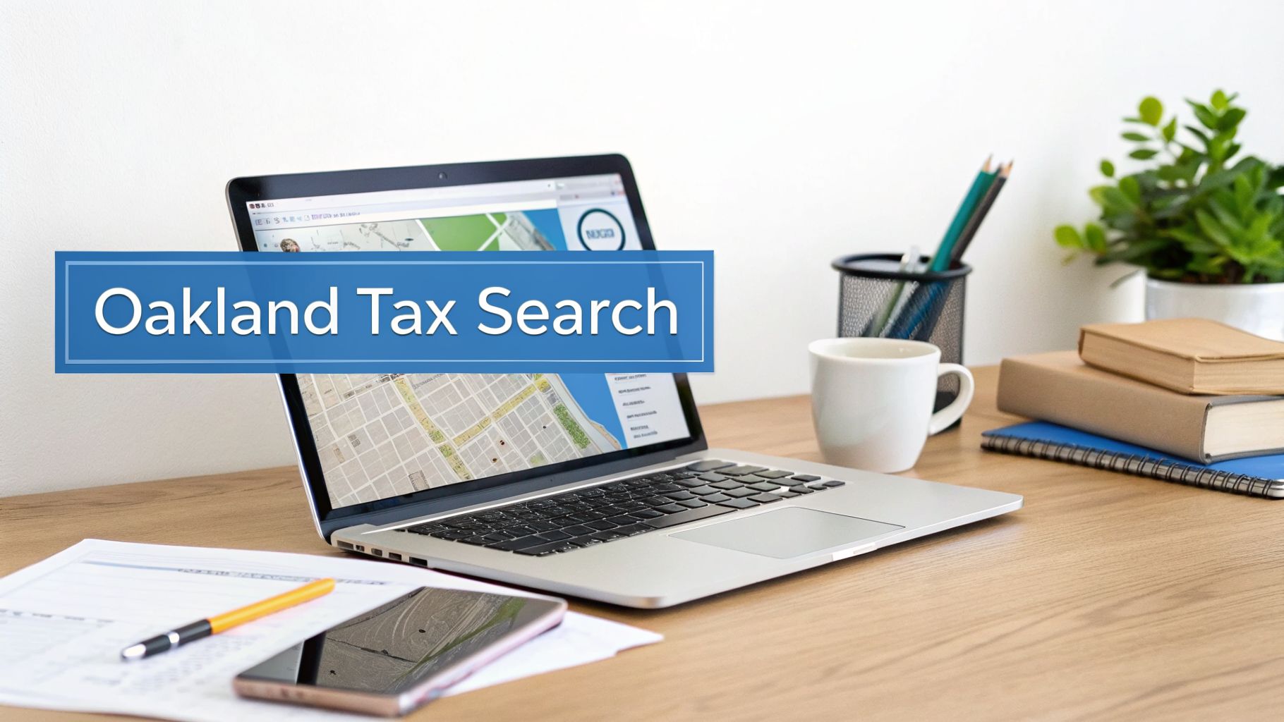 A laptop displaying 'Oakland Tax Search' on a blue banner, surrounded by office supplies on a wooden desk.