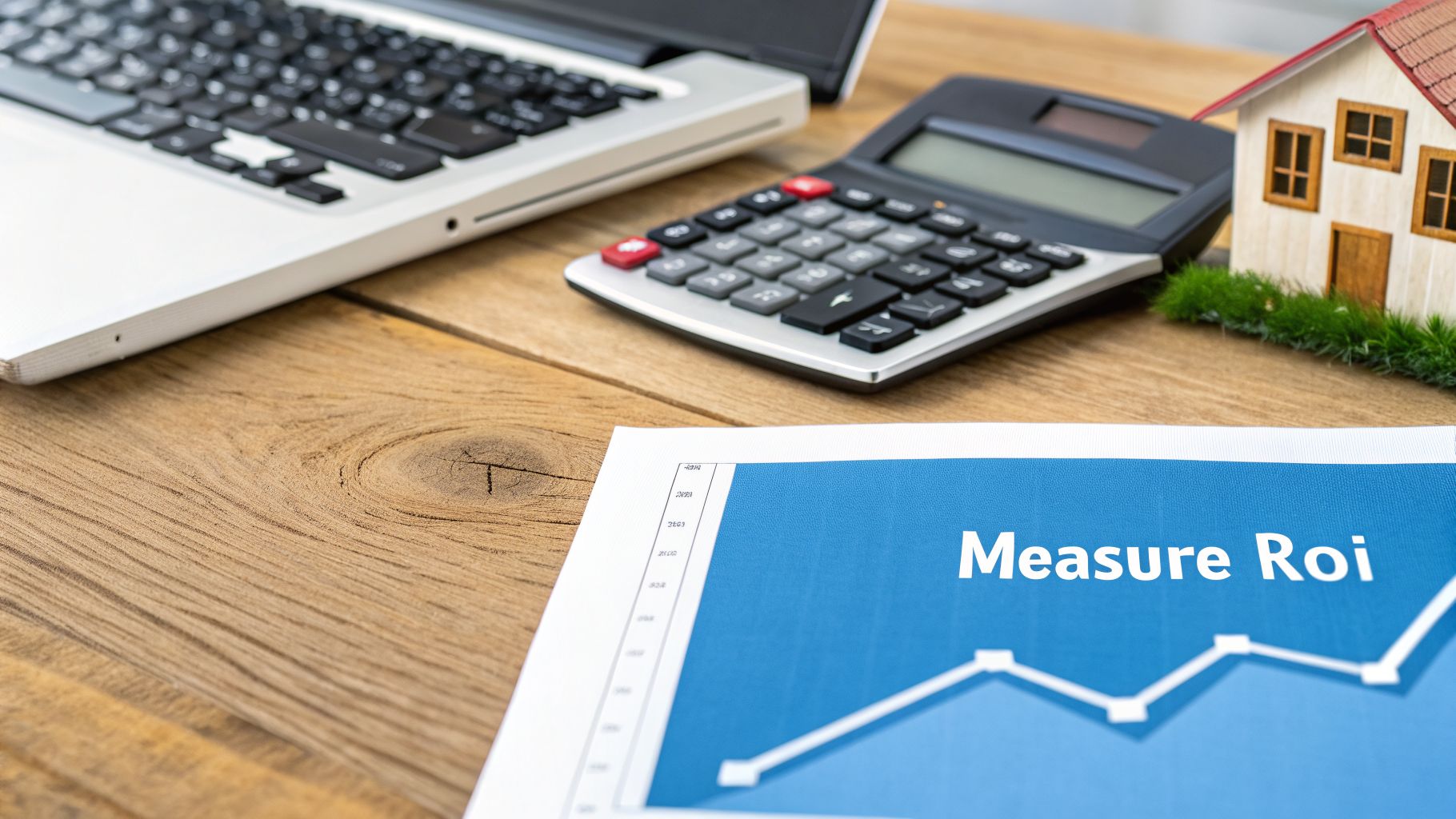 A desk with a laptop, calculator, model house, and a chart titled 'Measure Roi' showing growth.