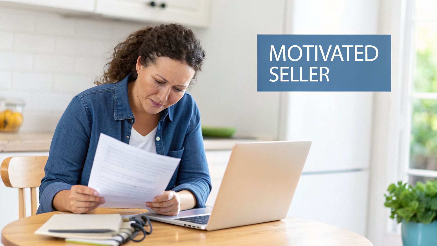 A woman looking at papers with a laptop, labeled 'MOTIVATED SELLER' in a kitchen setting.