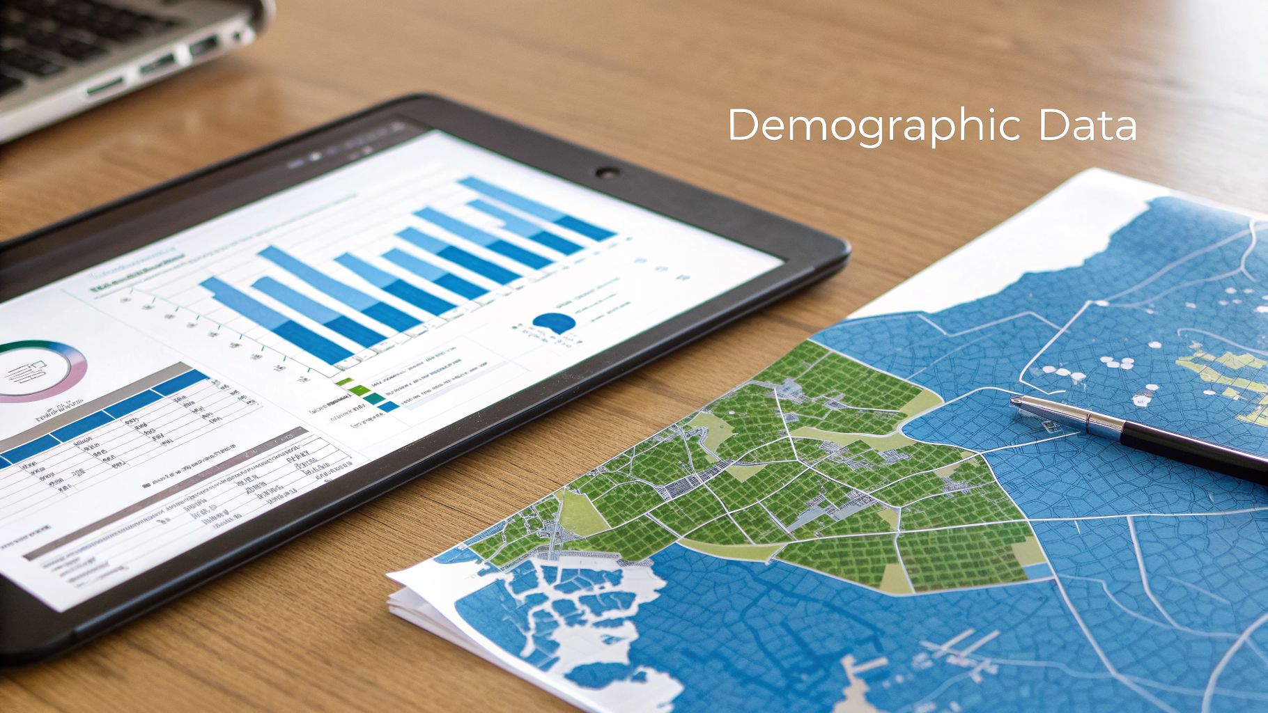A tablet displaying data visualizations and a map with a pen on a wooden table.