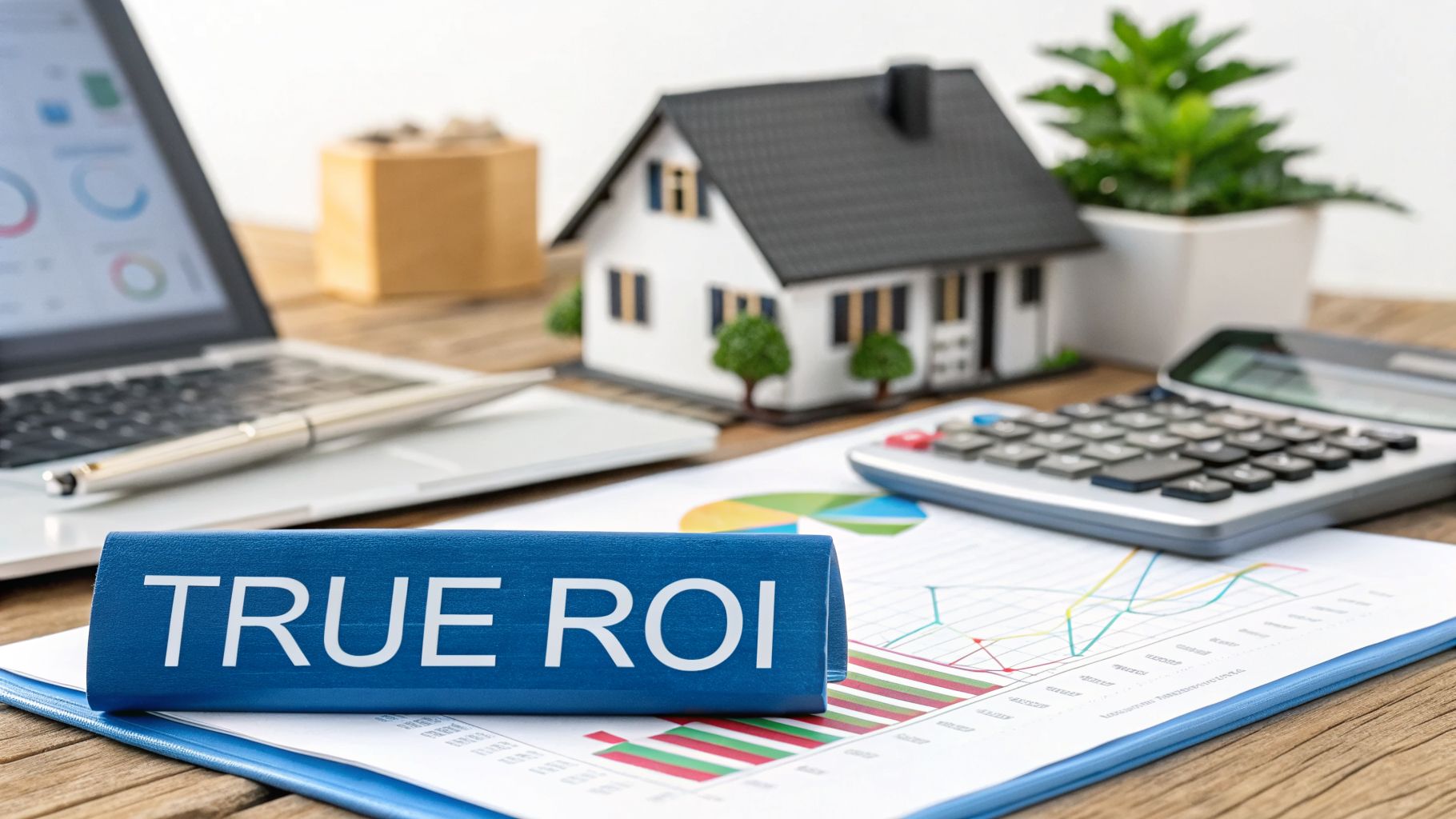 A desk with a miniature house, laptop, calculator, charts, and a 'TRUE ROI' sign.