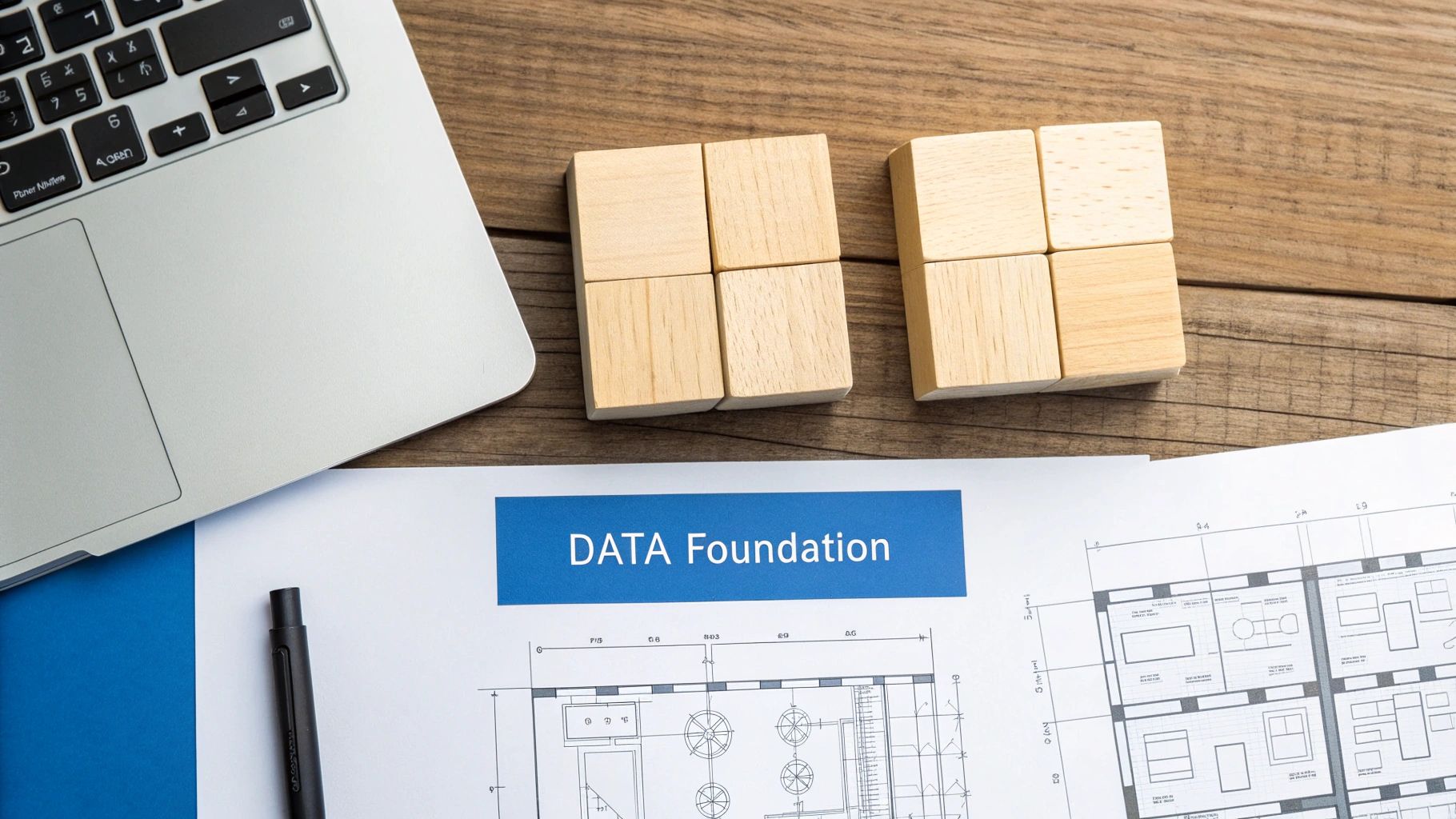 Overhead view of a laptop, wooden blocks, and a document with 'DATA Foundation' text and blueprints on a wooden desk.